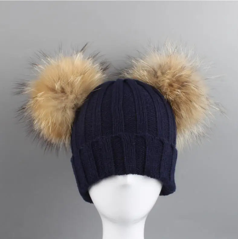 Adult Kids Pompom Hats Super-large Double-hair-ball Cap Winter Warm Ear Protect Hats Female-treasure Knitting Cap Adjust A49