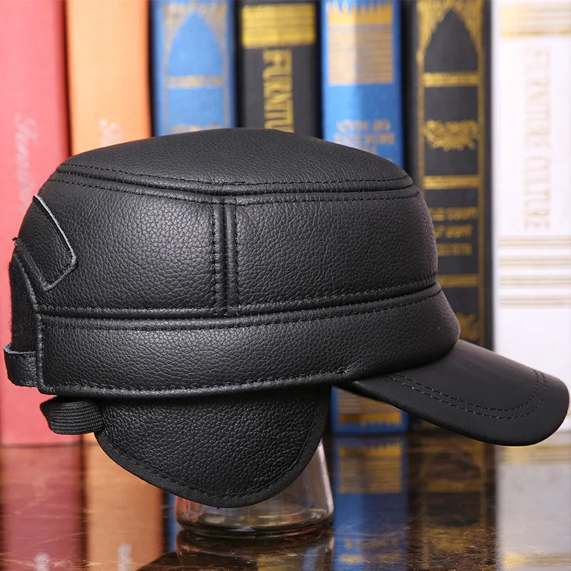 Men's Winter Warm Earmuffs Cap Man Genuine Leather Hat Adult Flat Winter Warm Cap Male Leisure Peaked Cap Adjustable  B-7281