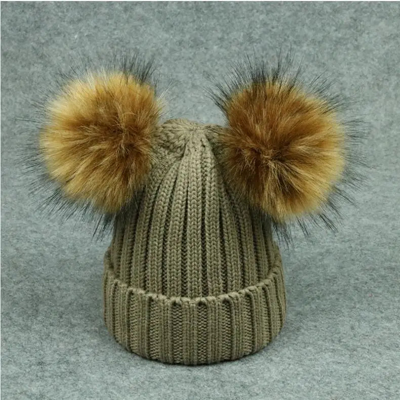 Adult Kids Pompom Hats Super-large Double-hair-ball Cap Winter Warm Ear Protect Hats Female-treasure Knitting Cap Adjust A49