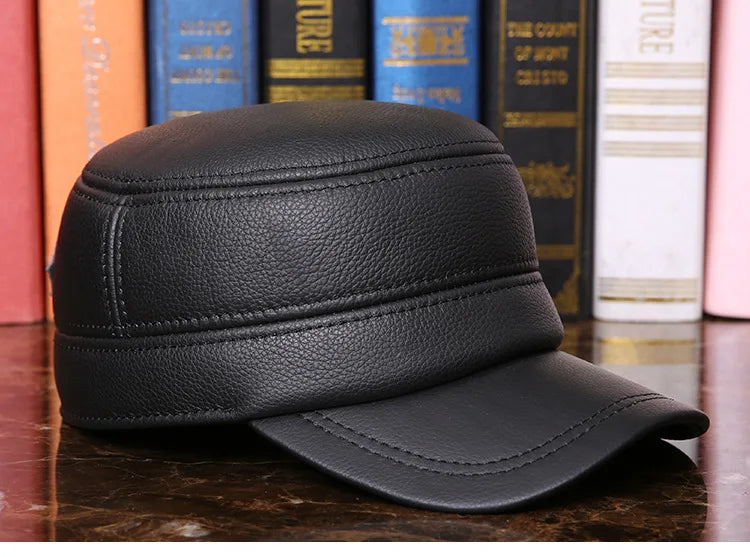 Men's Winter Warm Earmuffs Cap Man Genuine Leather Hat Adult Flat Winter Warm Cap Male Leisure Peaked Cap Adjustable  B-7281