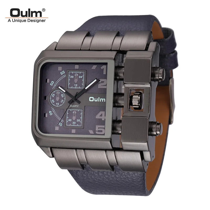 Oulm Brand 3364 Unique Design Square Men Wristwatch Wide Big Dial Casual Leather Strap Quartz Watch Male Sport Watches