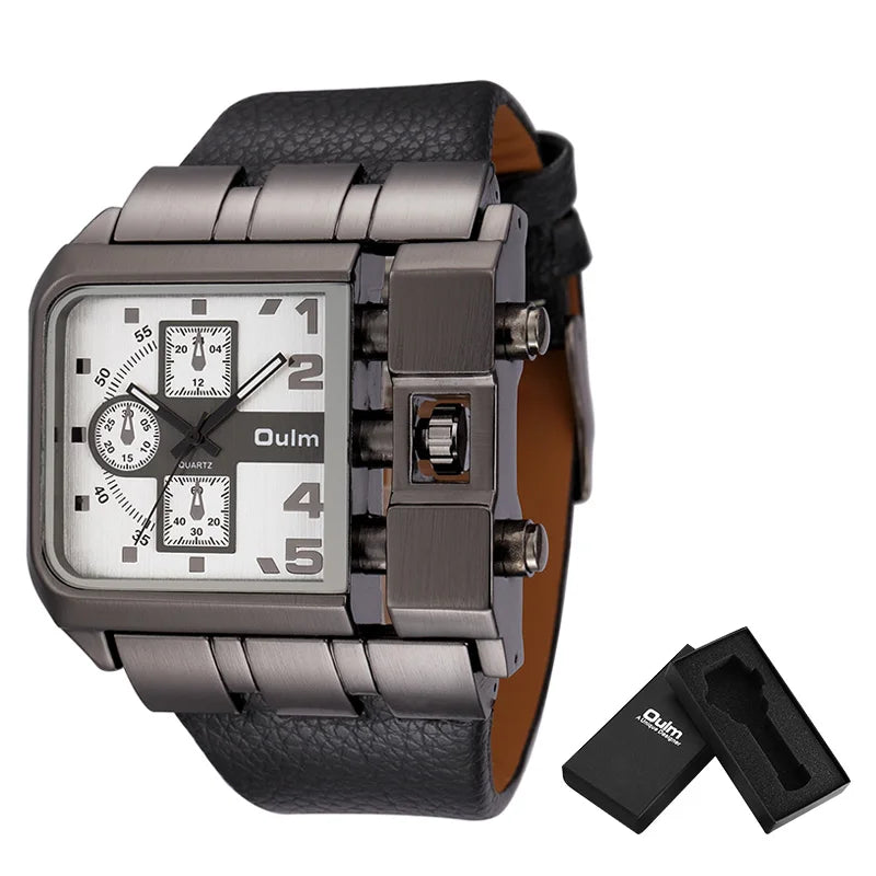 Oulm Brand 3364 Unique Design Square Men Wristwatch Wide Big Dial Casual Leather Strap Quartz Watch Male Sport Watches