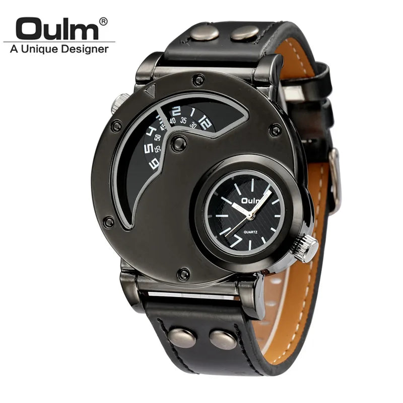 Oulm Designer Brand Luxury Watches For Men Dual Time Quartz Watch Casual Man Leather Watch Sport Male Clock relogio masculino