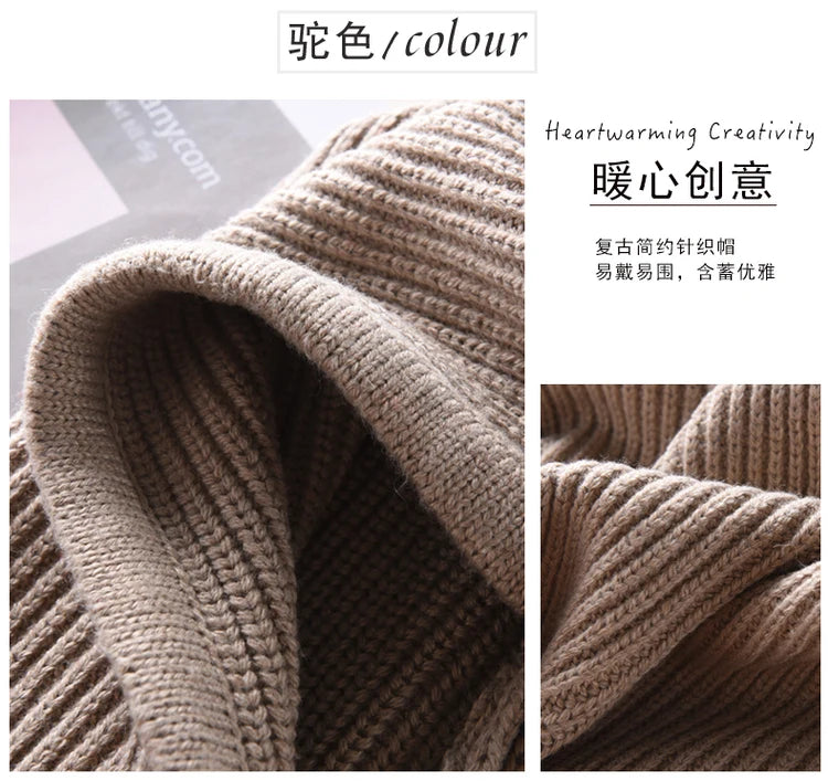 Women Cashmere Wool Hats Bib One Female Winter Thick Knitted Skullies Version Cap Earmuffs Collar Soft Warm Beanies Hooded Scarf