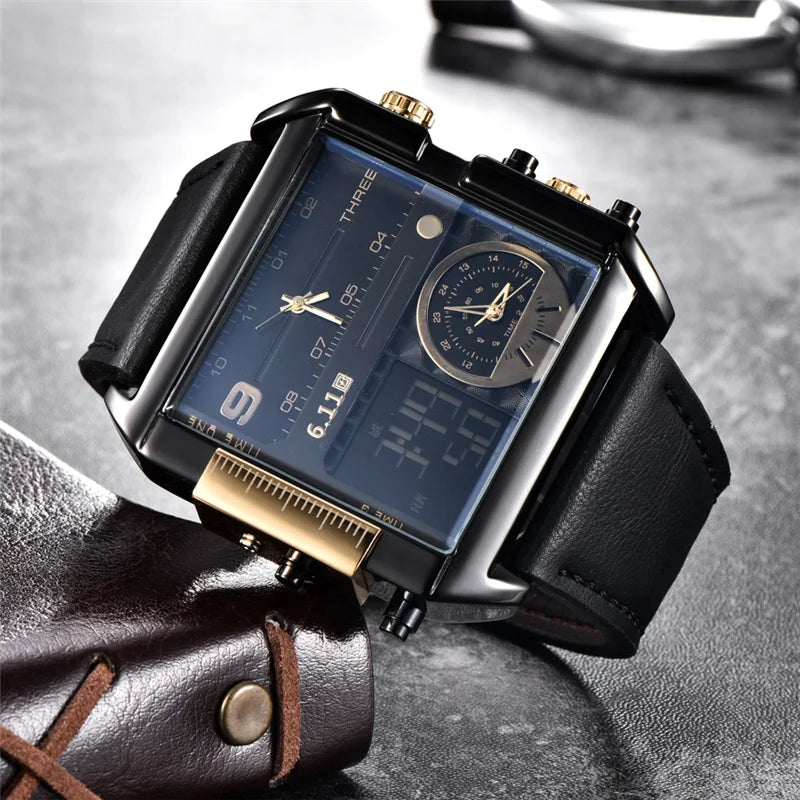 New Design LED Digit Dual Display Men Watches Big Size Square Dial Leather Sport Men's Wristwatches Luxury Brand Watch Male