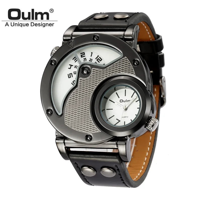 Oulm Designer Brand Luxury Watches For Men Dual Time Quartz Watch Casual Man Leather Watch Sport Male Clock relogio masculino