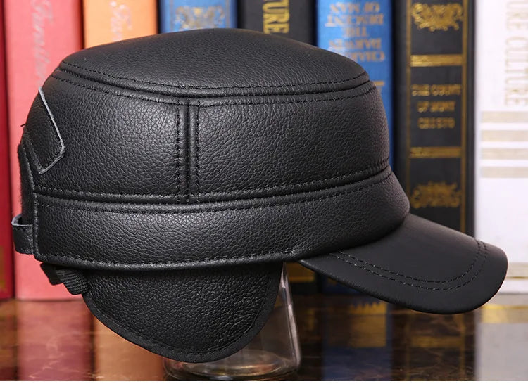 Men's Winter Warm Earmuffs Cap Man Genuine Leather Hat Adult Flat Winter Warm Cap Male Leisure Peaked Cap Adjustable  B-7281