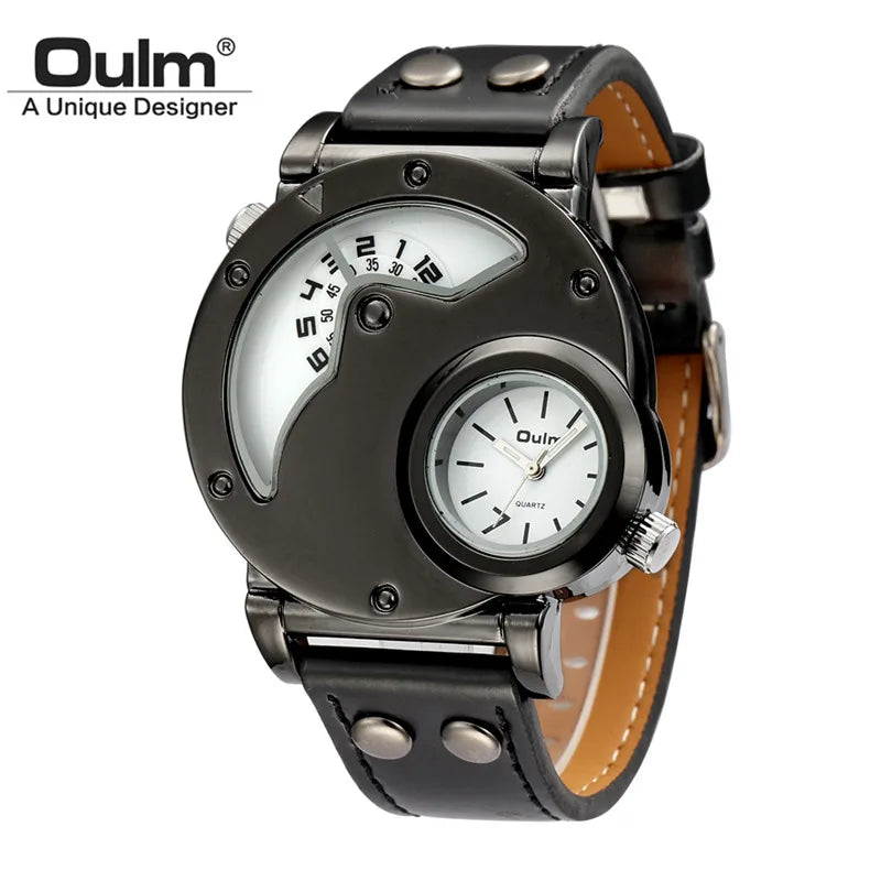 Oulm Designer Brand Luxury Watches For Men Dual Time Quartz Watch Casual Man Leather Watch Sport Male Clock relogio masculino