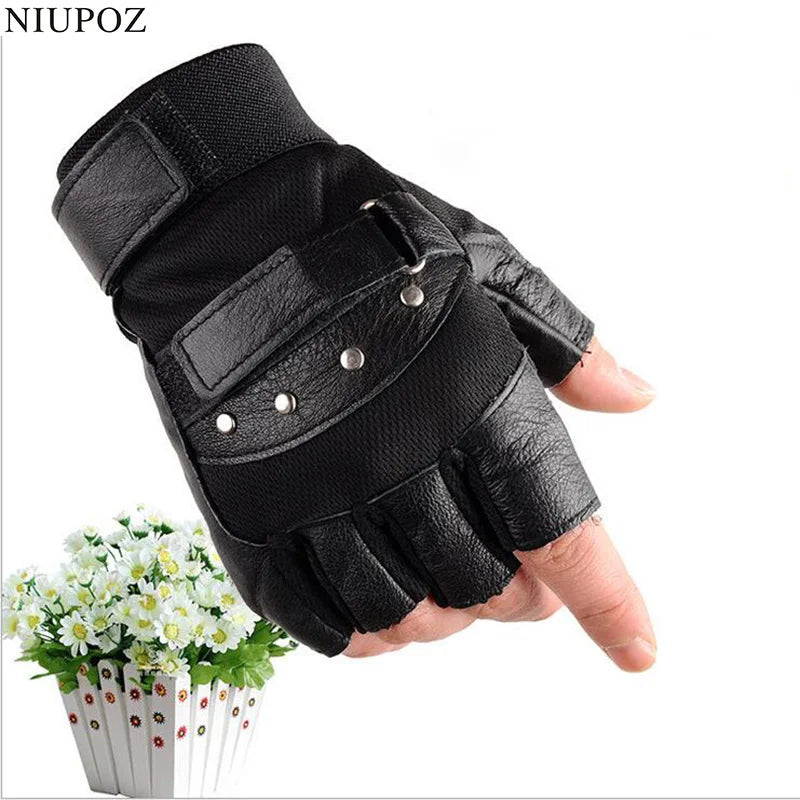 Men's Half Finger Leather Fitness Gloves Bike Sport Gloves Gym Exercise Men Black Rivets Punk Gloves G135