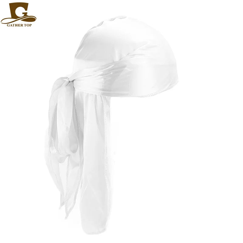 Durag Long Tail Silky Scarf Muslim Doo Rag Pirate Hat Durag Chemo Caps Skull Hat Turban hair band Bandanas 18 colors for Choose