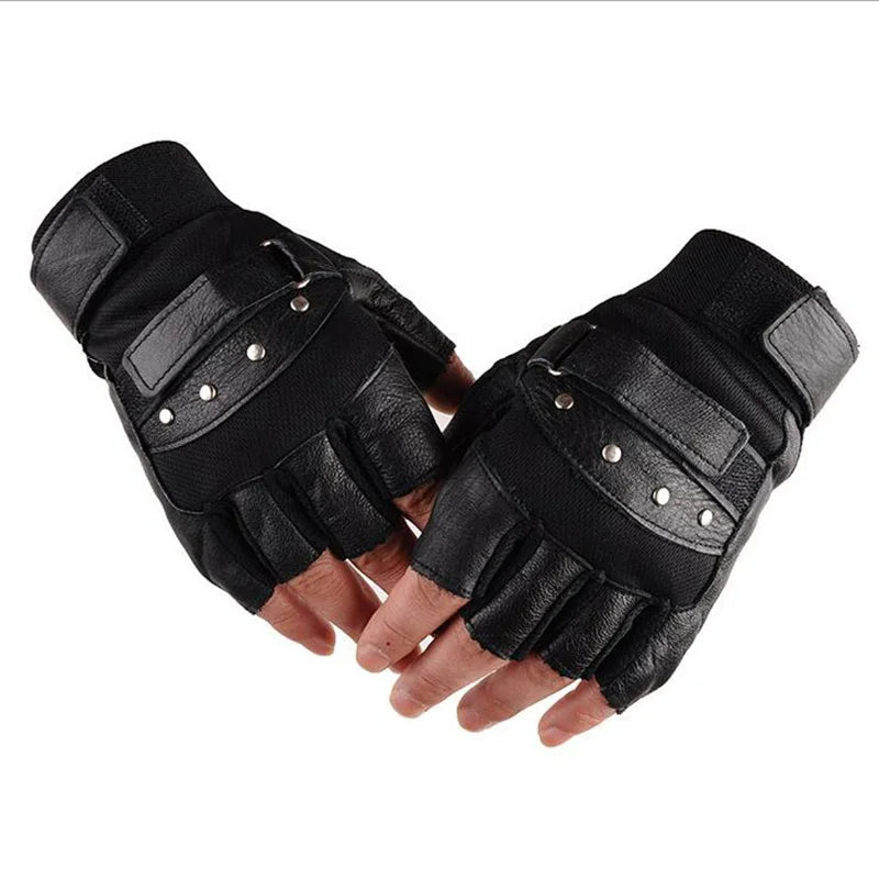 Men's Half Finger Leather Fitness Gloves Bike Sport Gloves Gym Exercise Men Black Rivets Punk Gloves G135