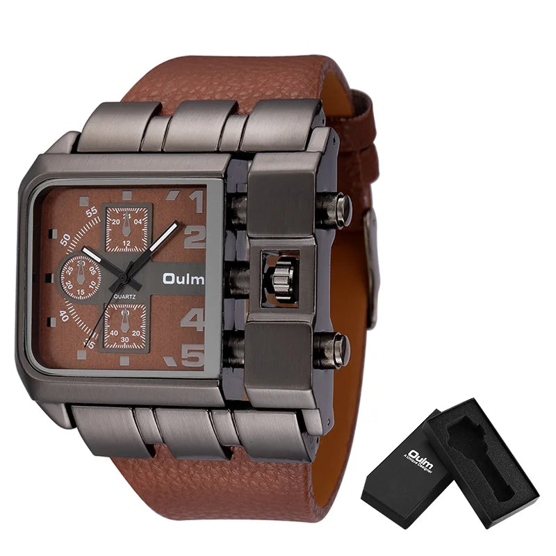 Oulm Brand 3364 Unique Design Square Men Wristwatch Wide Big Dial Casual Leather Strap Quartz Watch Male Sport Watches