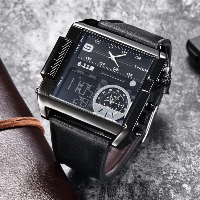 New Design LED Digit Dual Display Men Watches Big Size Square Dial Leather Sport Men's Wristwatches Luxury Brand Watch Male