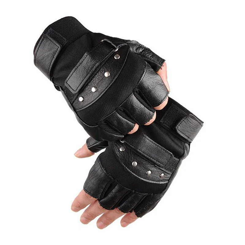 Men's Half Finger Leather Fitness Gloves Bike Sport Gloves Gym Exercise Men Black Rivets Punk Gloves G135