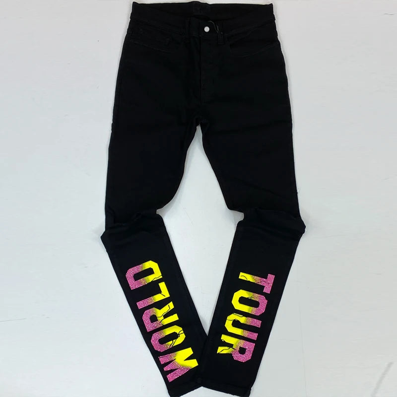 y2k Men Stretchy Ripped Skinny Black Jeans Slim High Quality Hole Trousers Aesthetic Rhinestones Streetwear Denim Pencil Pants