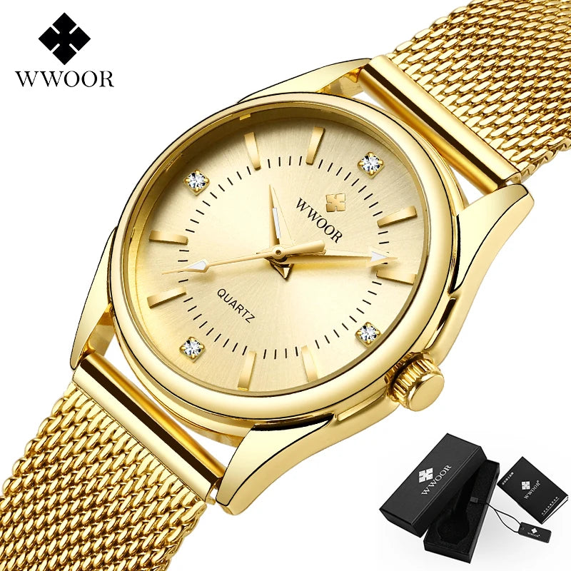 WWOOR Luxury Brand Dress Gold Watch Ladies Elegant Diamond Small Quartz Wrist Watches For Women Steel Mesh Clock zegarek damski