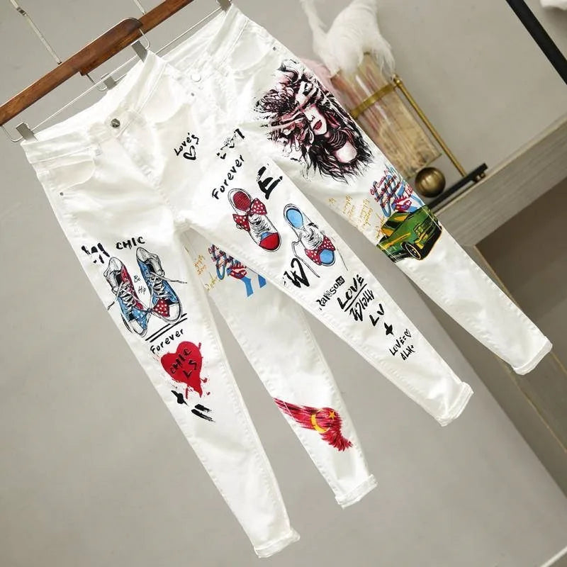 Women White Skinny Denim Pants Cartoon Graffiti Print Stretched Jeans Autumn Slim Body Pencil Jeans Ladies Jeans Y77