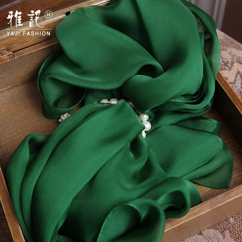 100% Real Silk Scarf Women   Natural Silk chiffon Scarf Dark Green Foulard Femme Lady Silk Shawls Wraps for Ladies Solid