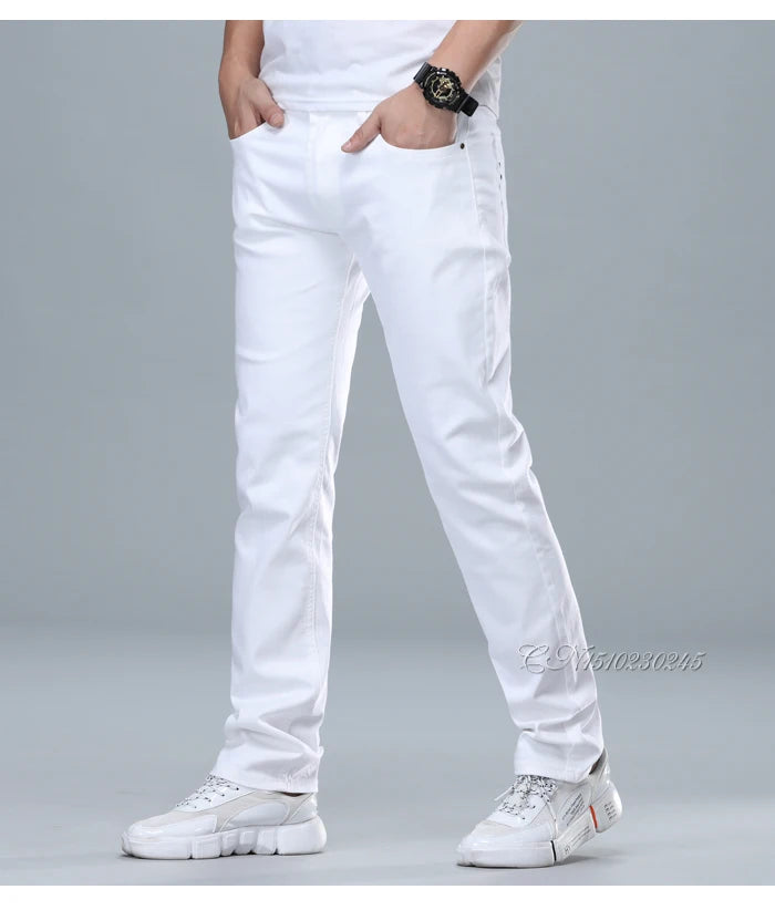 Classic Style Men's Regular Fit White Jeans Business Fashion Denim Advanced Stretch Cotton Trousers Male Brand Pants