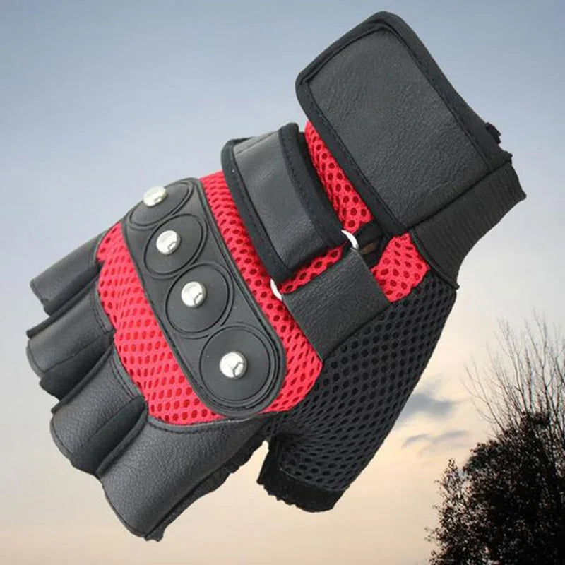 Men's Half Finger Leather Fitness Gloves Bike Sport Gloves Gym Exercise Men Black Rivets Punk Gloves G135