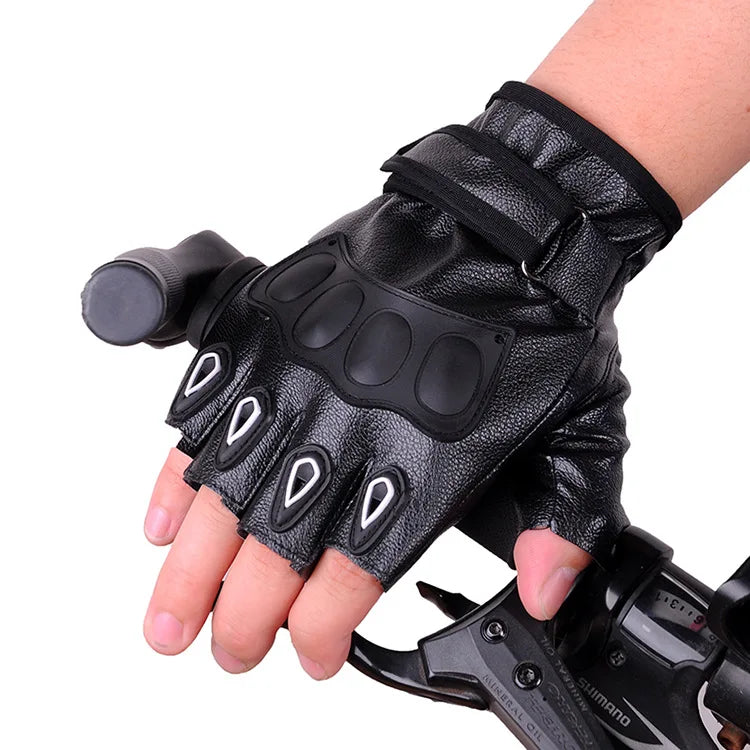 Men's Half Finger Leather Fitness Gloves Bike Sport Gloves Gym Exercise Men Black Rivets Punk Gloves G135