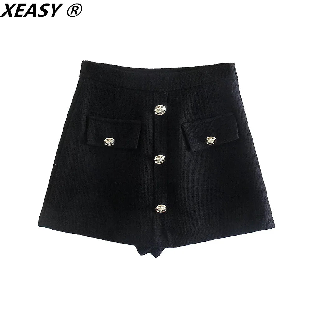 XEASY Tweed Jacket Set Two Piece Sets Women Skirt Fall 2021 Womens Fashion Black Single Breasted Jacket High-Waisted Skirt Suit