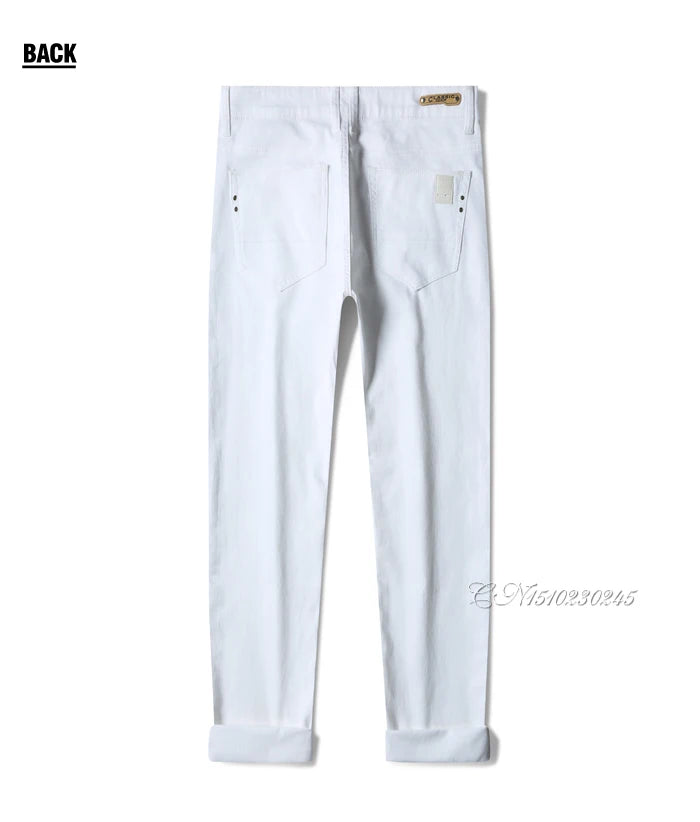 Classic Style Men's Regular Fit White Jeans Business Fashion Denim Advanced Stretch Cotton Trousers Male Brand Pants