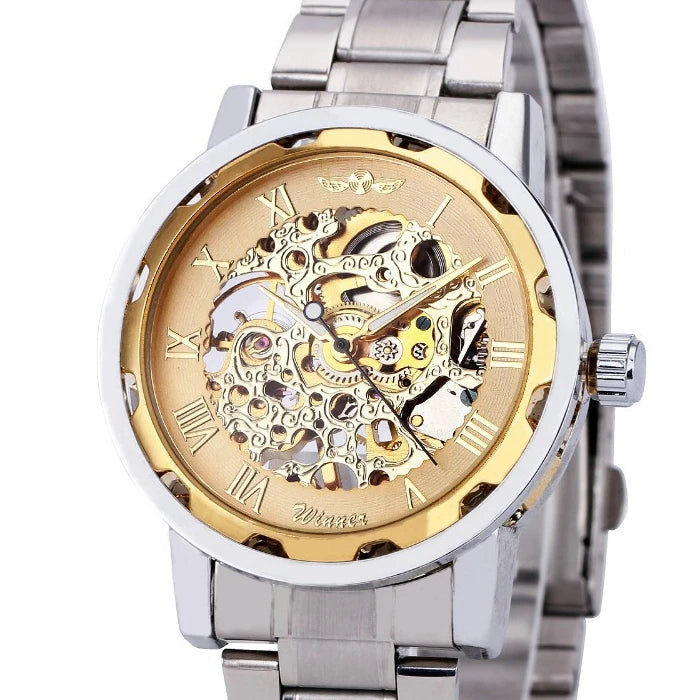 Fashion Winner Black Leather Band Stainless Steel Skeleton Mechanical Watch For Man Gold Mechanical Wrist Watch Luxury Brand