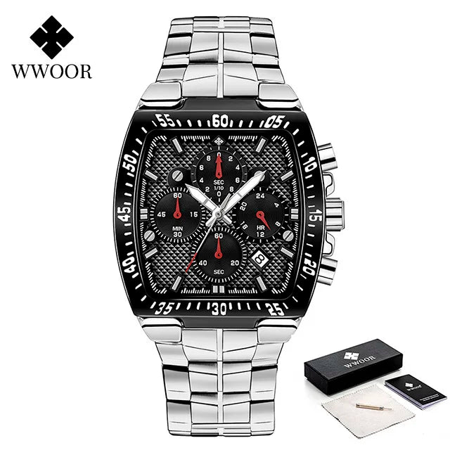 WWOOR Men Chronograph Sport Watches For Men Fashion Square Top Brand Luxury Stainless Steel Waterproof Quartz Watch Reloj Hombre