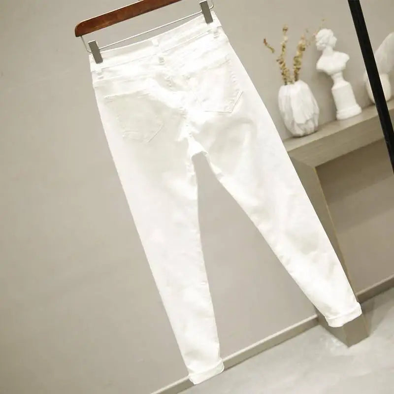 Women White Skinny Denim Pants Cartoon Graffiti Print Stretched Jeans Autumn Slim Body Pencil Jeans Ladies Jeans Y77