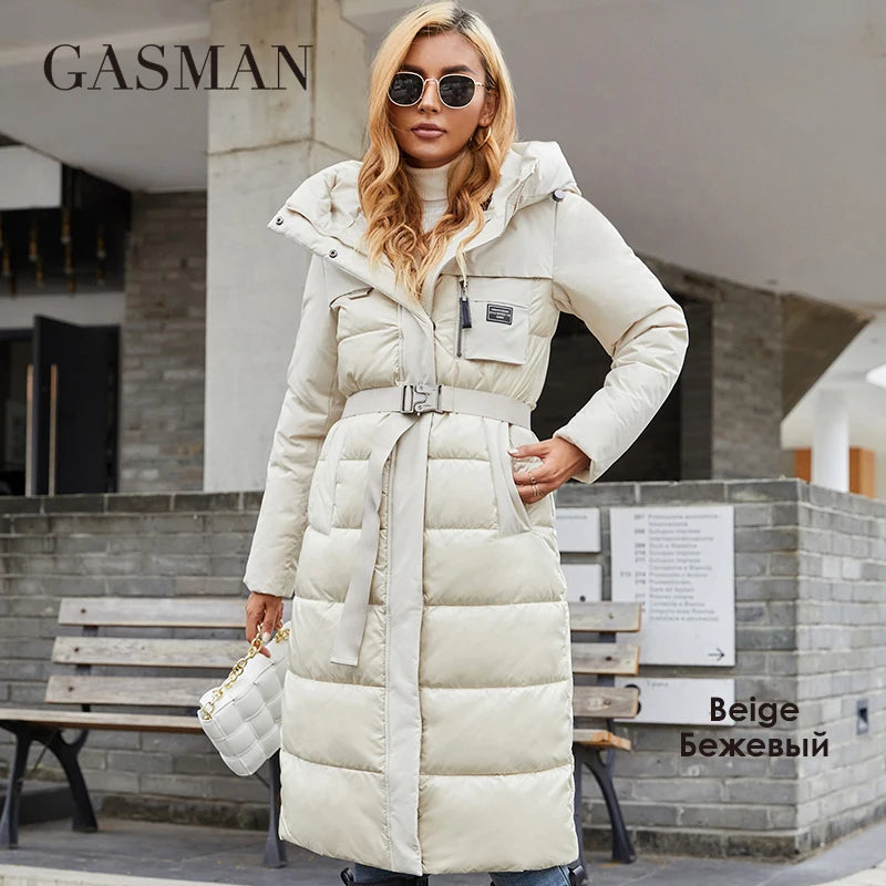 GASMAN Women's jacket Long elegant Fashion Winter coat for women brand Zipper pocket Warm Parka with belt Down jackets 8189