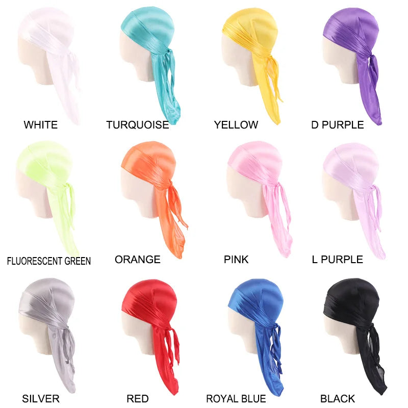 Durag Long Tail Silky Scarf Muslim Doo Rag Pirate Hat Durag Chemo Caps Skull Hat Turban hair band Bandanas 18 colors for Choose