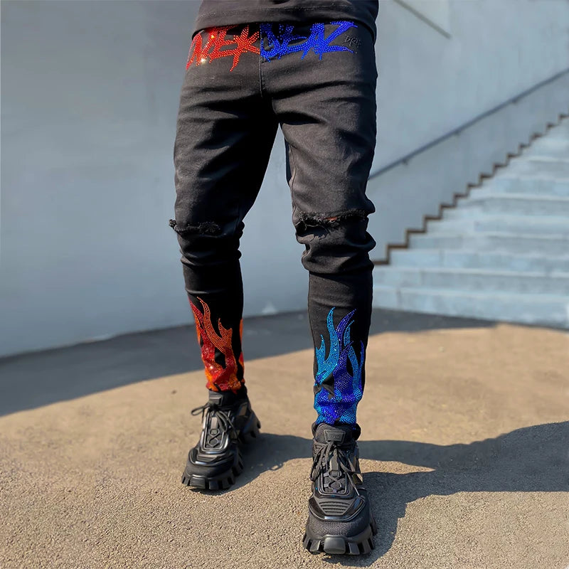 y2k Men Stretchy Ripped Skinny Black Jeans Slim High Quality Hole Trousers Aesthetic Rhinestones Streetwear Denim Pencil Pants