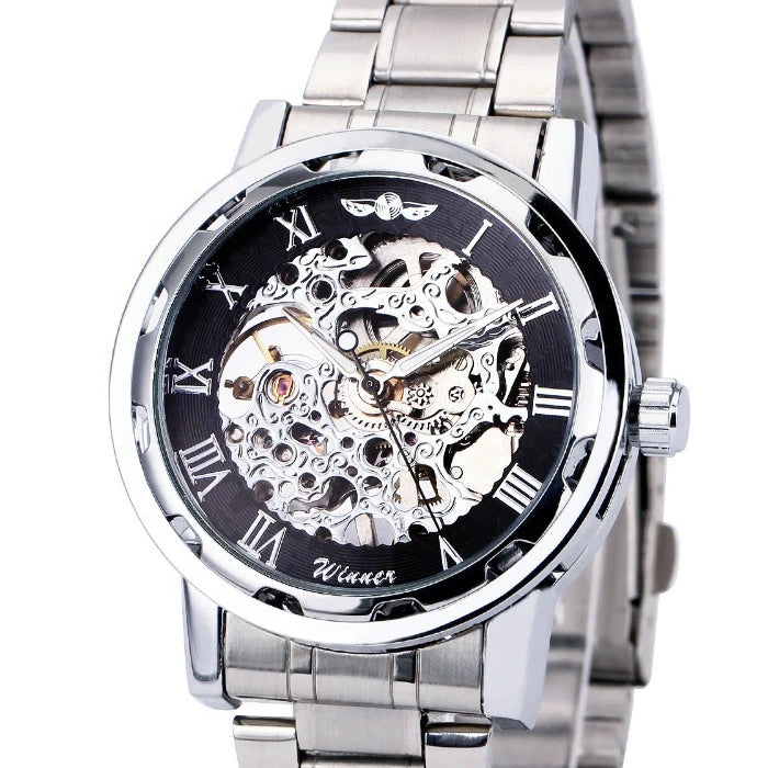 Fashion Winner Black Leather Band Stainless Steel Skeleton Mechanical Watch For Man Gold Mechanical Wrist Watch Luxury Brand