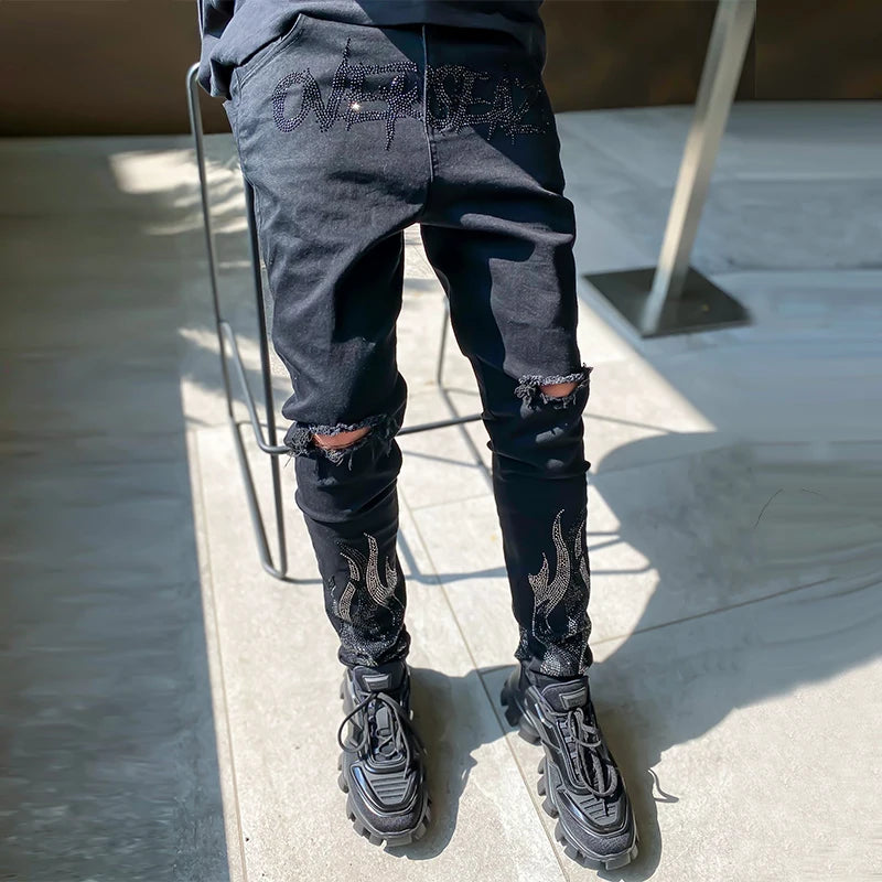 y2k Men Stretchy Ripped Skinny Black Jeans Slim High Quality Hole Trousers Aesthetic Rhinestones Streetwear Denim Pencil Pants