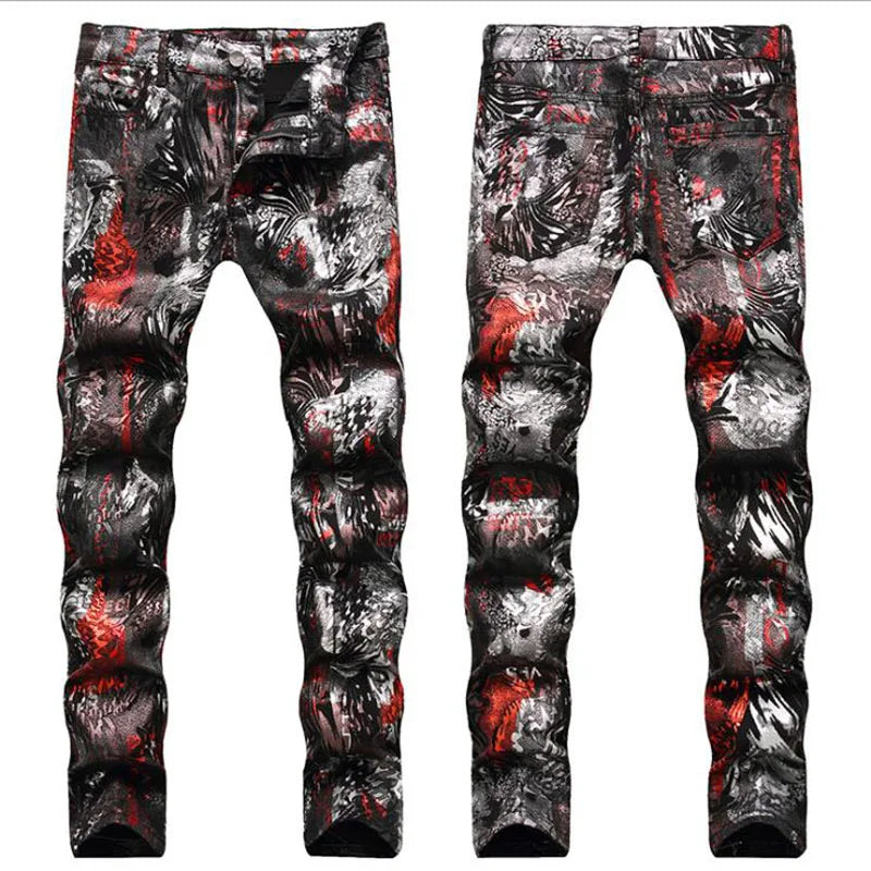 2021 European Style Men Black Jeans Spring Autumn Digital Printing Cotton Pants Men's Slim Fashion Stretch Casual Denim Trousers