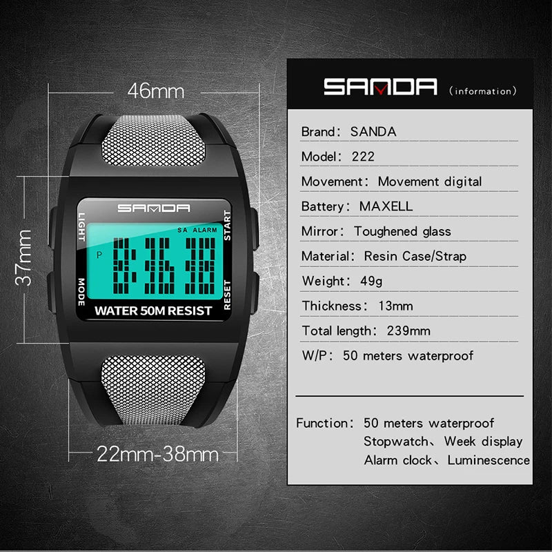 Men's Watch Military LED Digital Display 30M Waterproof Alarm Clock Sports Electronic Wristwatch SANDA Top Brand erkek kol saati