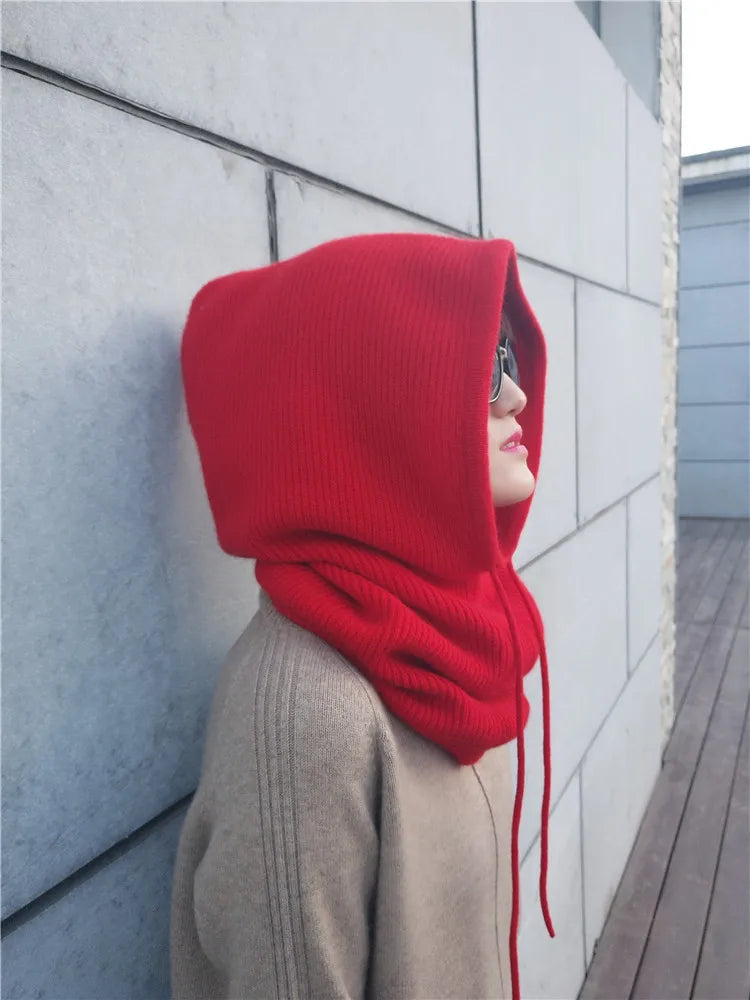 Women Cashmere Wool Hats Bib One Female Winter Thick Knitted Skullies Version Cap Earmuffs Collar Soft Warm Beanies Hooded Scarf