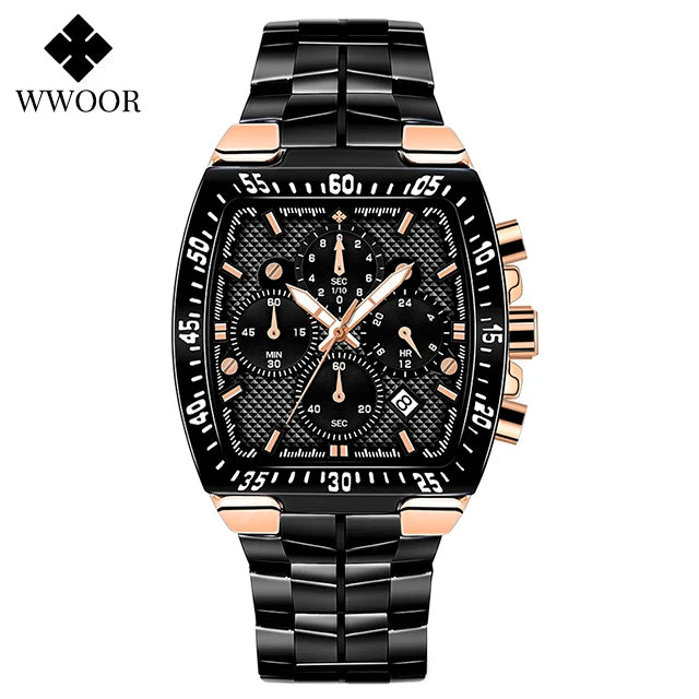 WWOOR Men Chronograph Sport Watches For Men Fashion Square Top Brand Luxury Stainless Steel Waterproof Quartz Watch Reloj Hombre