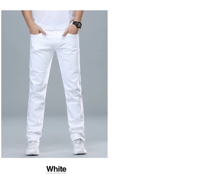 Classic Style Men's Regular Fit White Jeans Business Fashion Denim Advanced Stretch Cotton Trousers Male Brand Pants