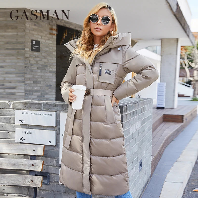 GASMAN Women's jacket Long elegant Fashion Winter coat for women brand Zipper pocket Warm Parka with belt Down jackets 8189