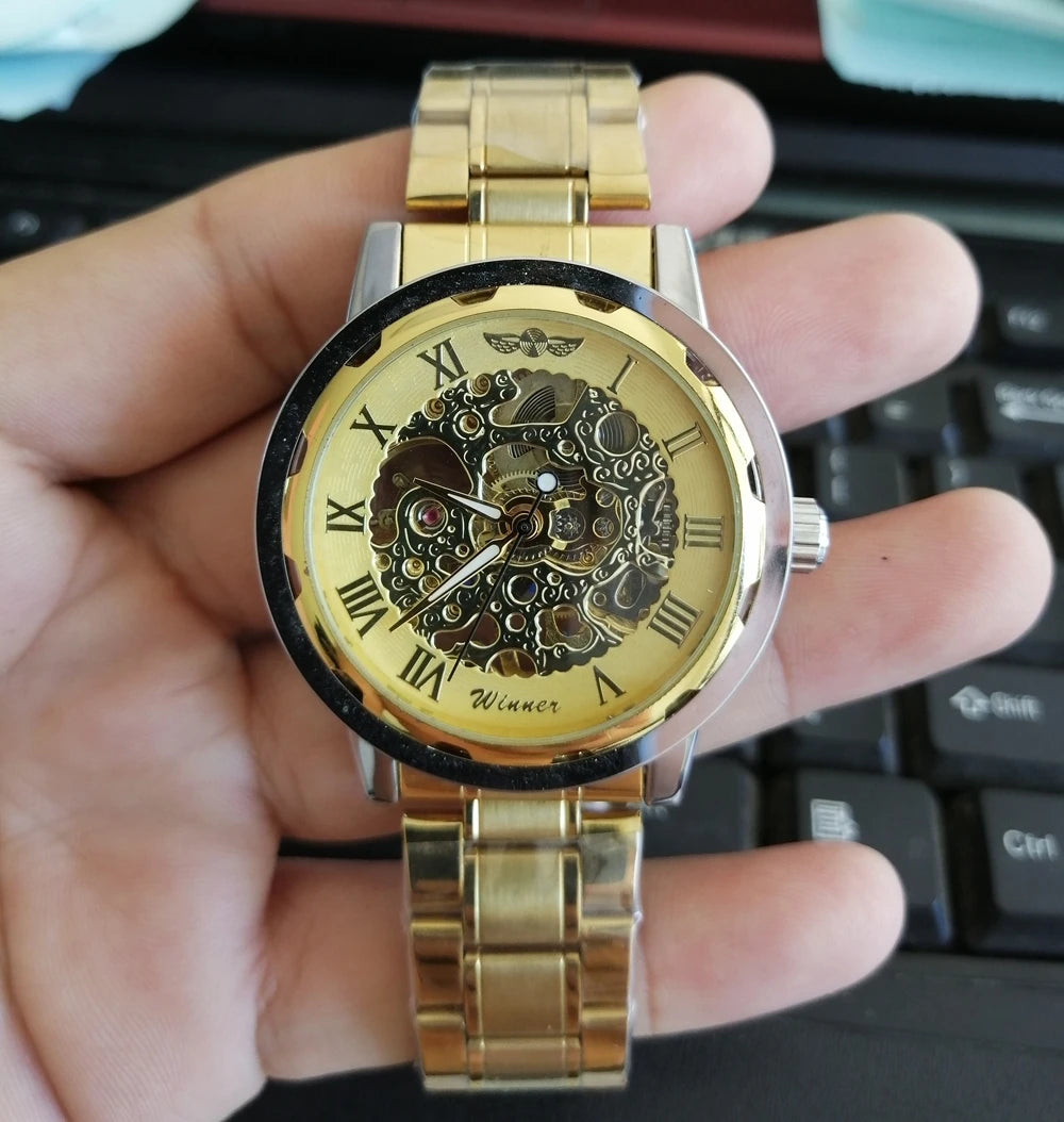 Fashion Winner Black Leather Band Stainless Steel Skeleton Mechanical Watch For Man Gold Mechanical Wrist Watch Luxury Brand