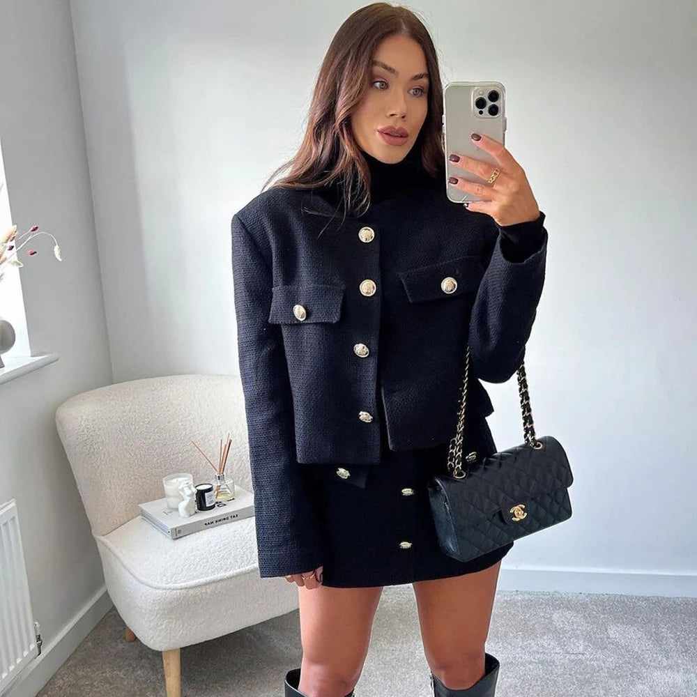 XEASY Tweed Jacket Set Two Piece Sets Women Skirt Fall 2021 Womens Fashion Black Single Breasted Jacket High-Waisted Skirt Suit