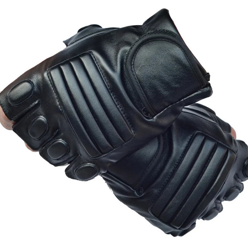 Men's Half Finger Leather Fitness Gloves Bike Sport Gloves Gym Exercise Men Black Rivets Punk Gloves G135