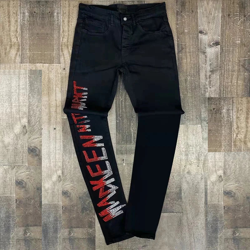 y2k Men Stretchy Ripped Skinny Black Jeans Slim High Quality Hole Trousers Aesthetic Rhinestones Streetwear Denim Pencil Pants