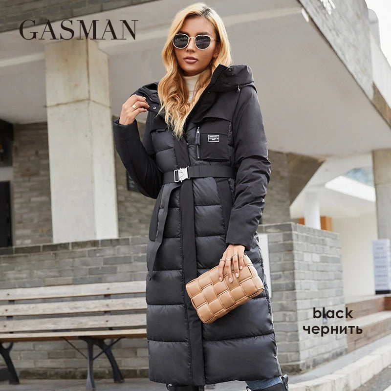 GASMAN Women's jacket Long elegant Fashion Winter coat for women brand Zipper pocket Warm Parka with belt Down jackets 8189