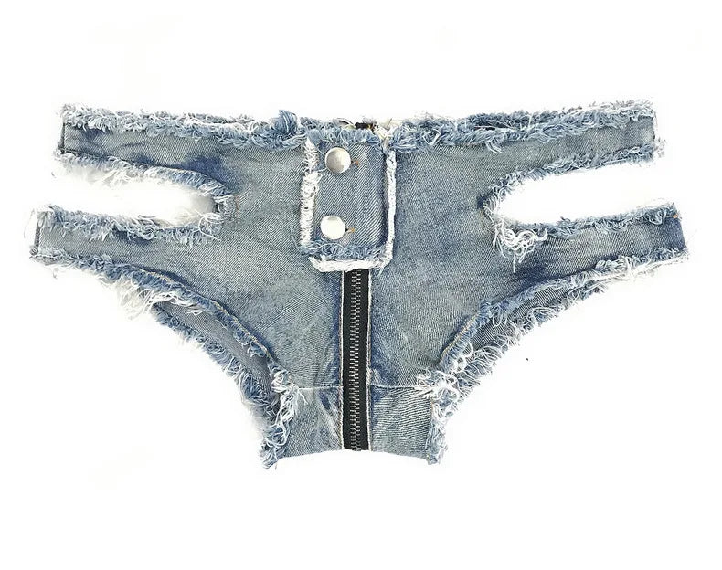 2022 New Summer Female Sexy Low Waist Jeans Denim Shorts Hollow Out Zipper Hole Thong Dj Pole Dance Shorts Nightclub