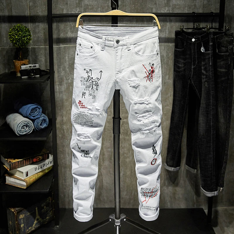 Fashion Trendy Embroidery letters Men College Boys Skinny Runway Zipper Denim Pants Destroyed Ripped Jeans Black White Jeans