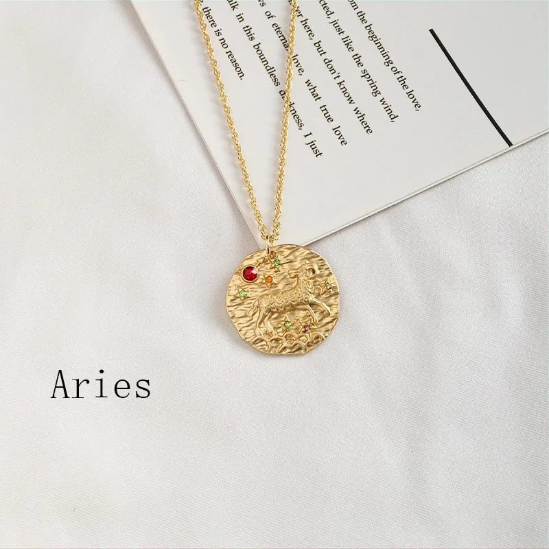 Gold Coin Disk Pendant Zodiac Necklace