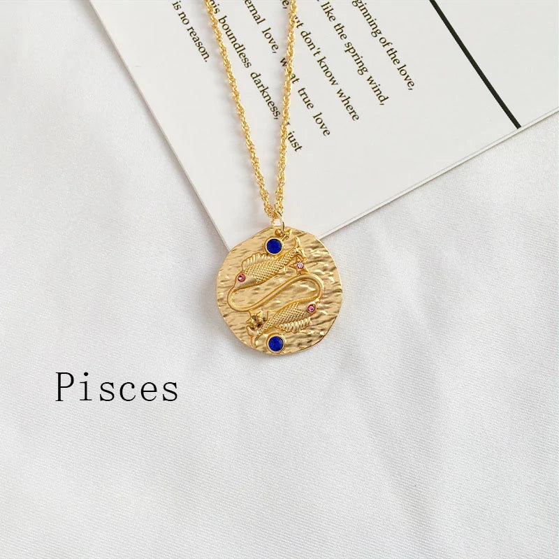 Gold Coin Disk Pendant Zodiac Necklace